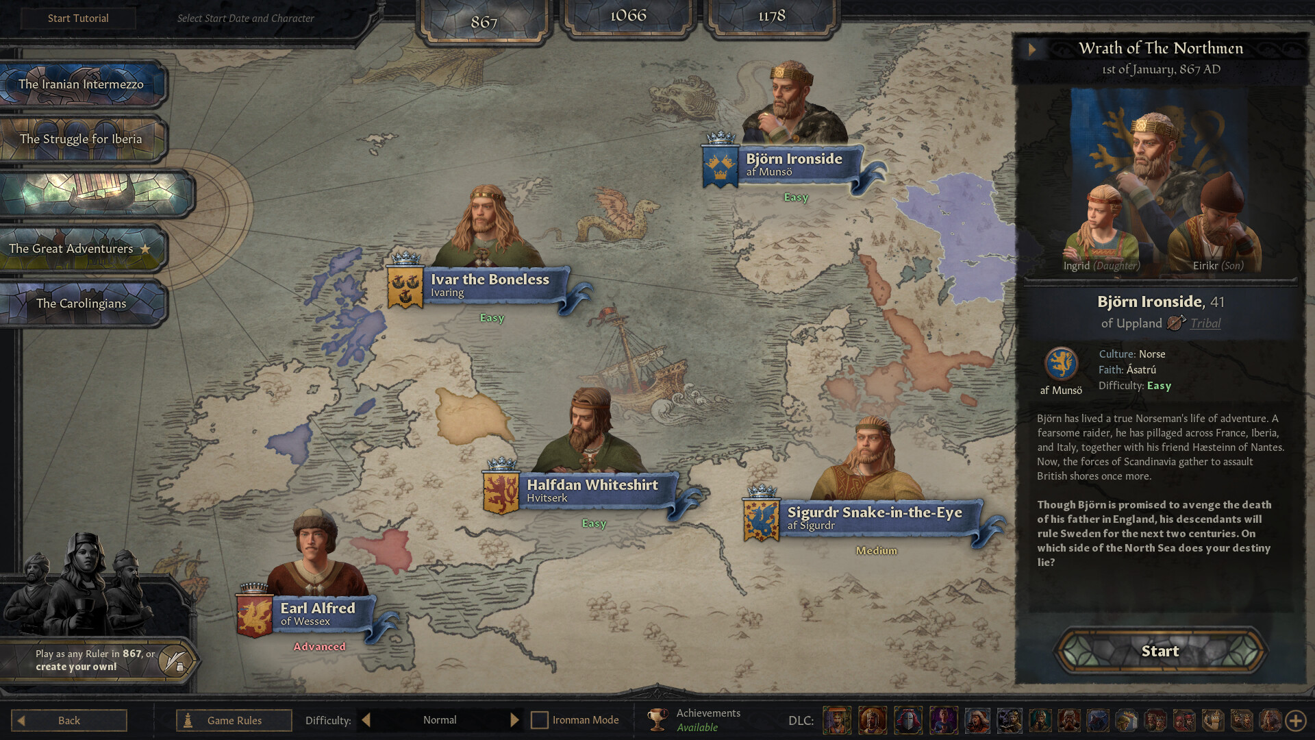 Crusader Kings 3 character select screen, the game this guide recommends for beginners