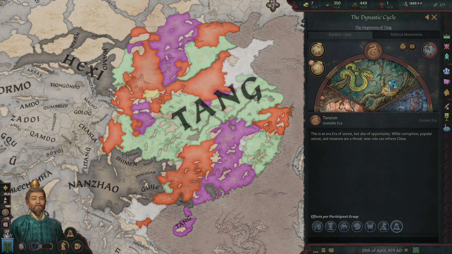 CK3 Dynastic Cycle panel showing the Hegemony of Tang