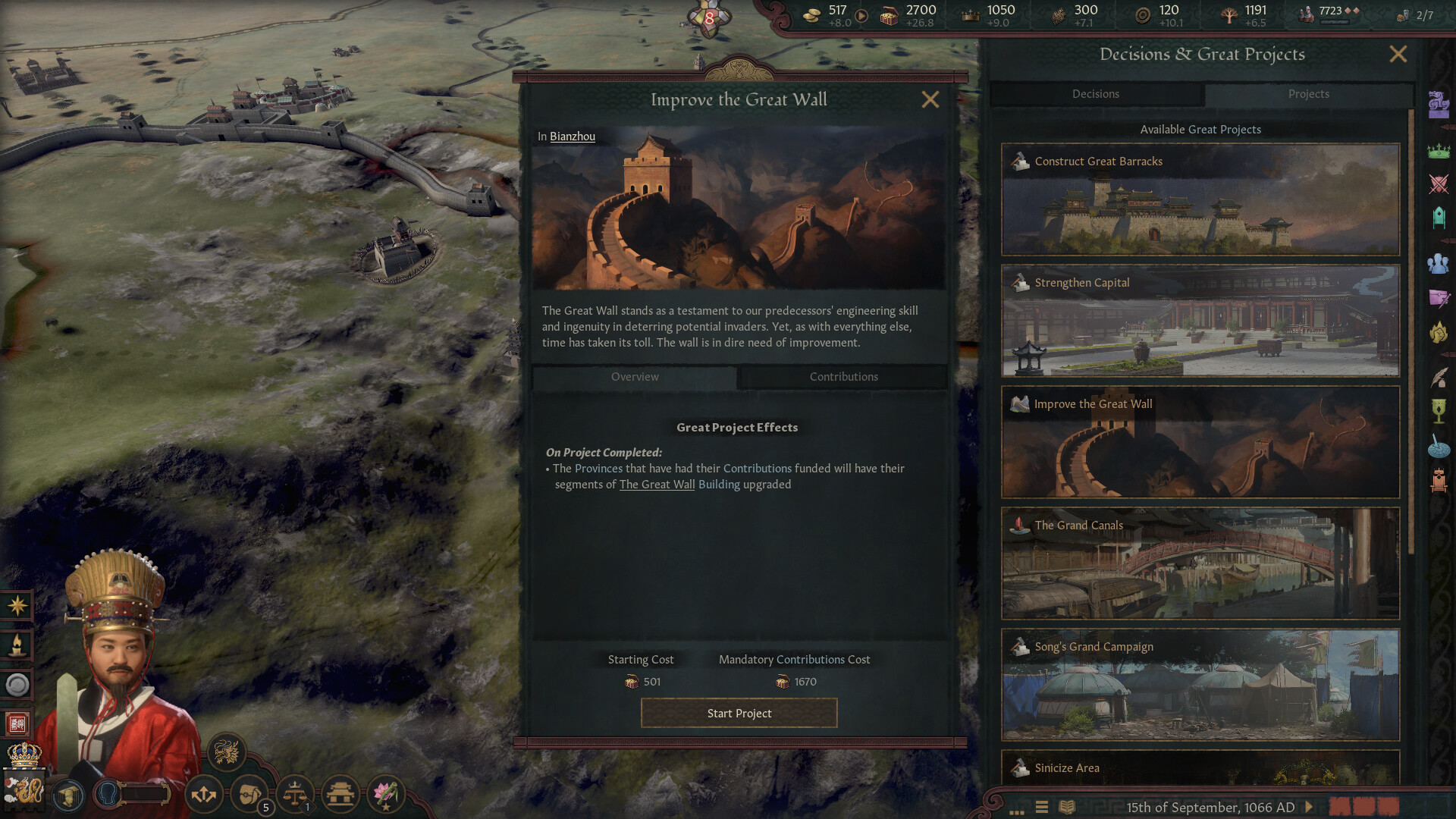 CK3 great projects screen showing the Improve the Great Wall decision