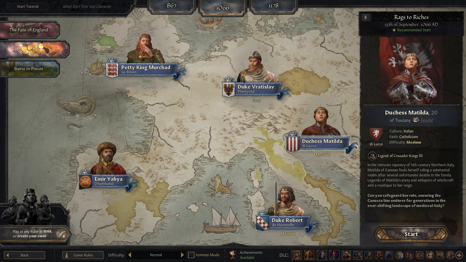 Crusader Kings 3 start-select map for the 1066 England scenario, showing Williams recommended start as Fate of England