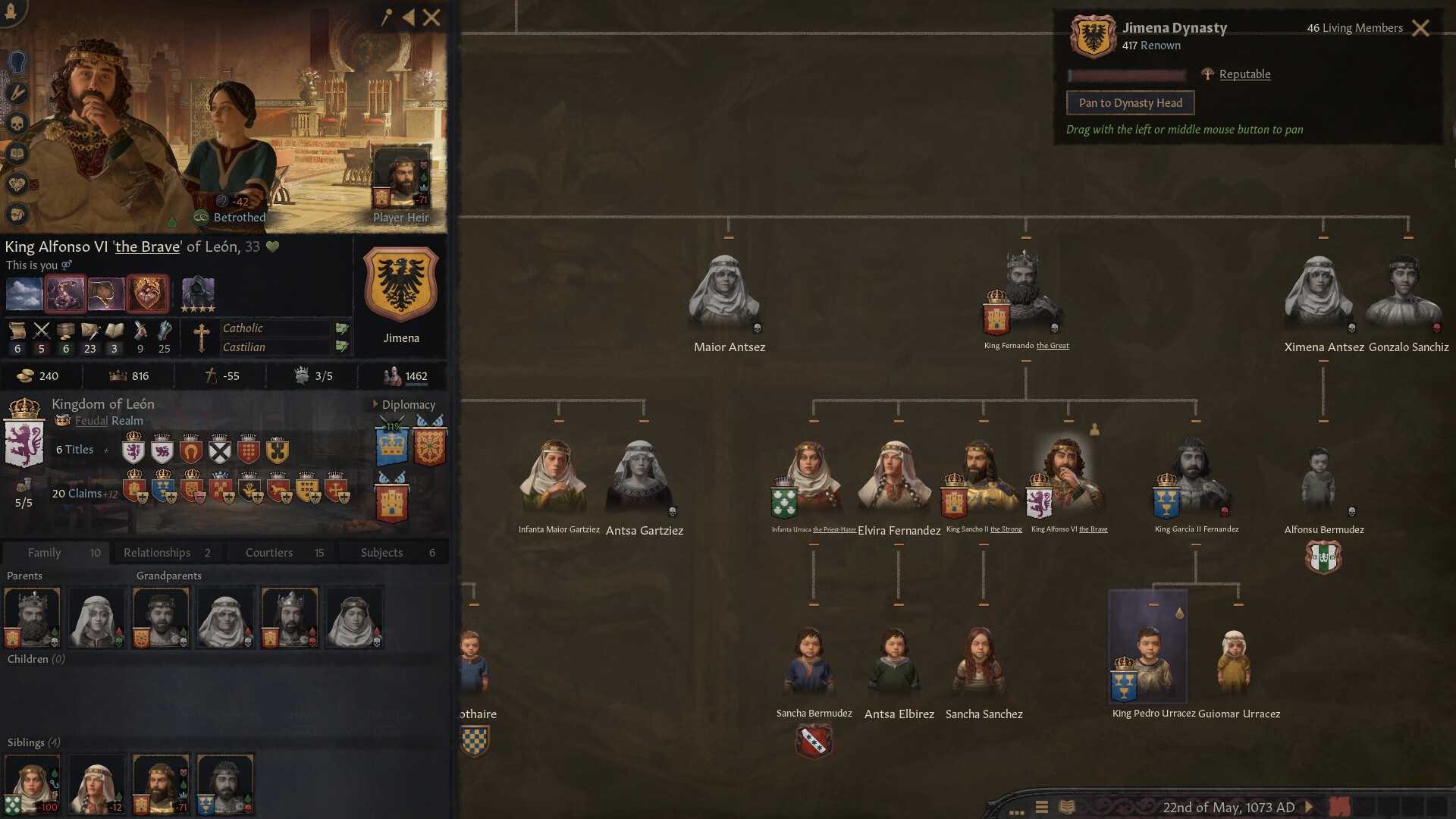 Crusader Kings 3 dynasty view of the Jimena family in Iberia with the Renown and Dynasty Head interface, the dynasty Sancho of Castile starts