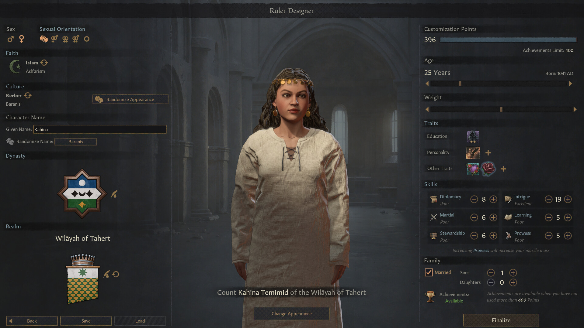 Crusader Kings 3 Ruler Designer screen with customization points, age, traits, and character name fields, showing how a starting rulers stats are built