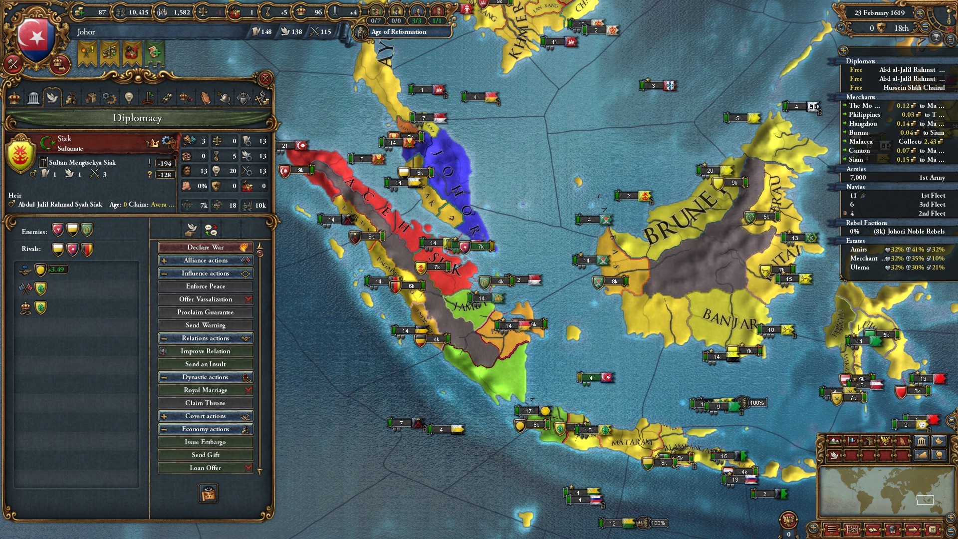EU4 Diplomats panel, where you send your diplomats to build the relations that make achievements reachable