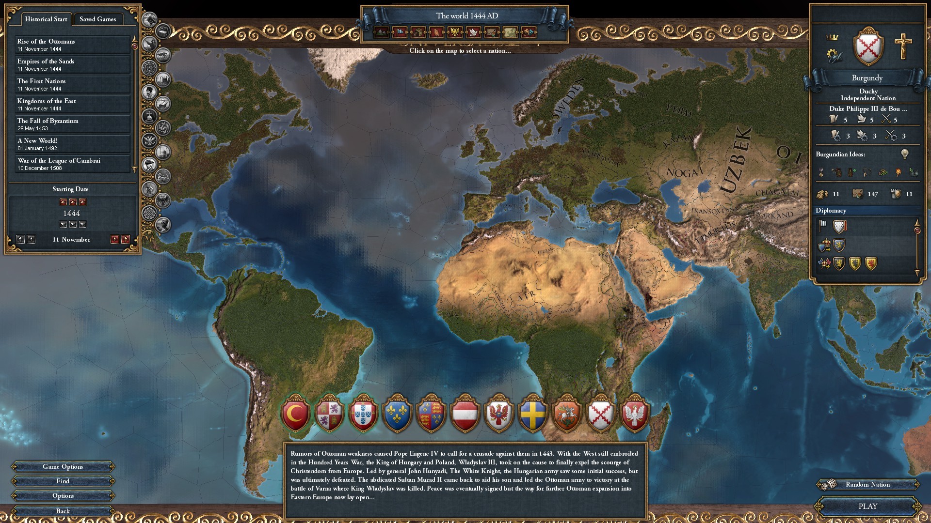 Europa Universalis 4 campaign select screen showing the 1444 AD world and its start scenario choices