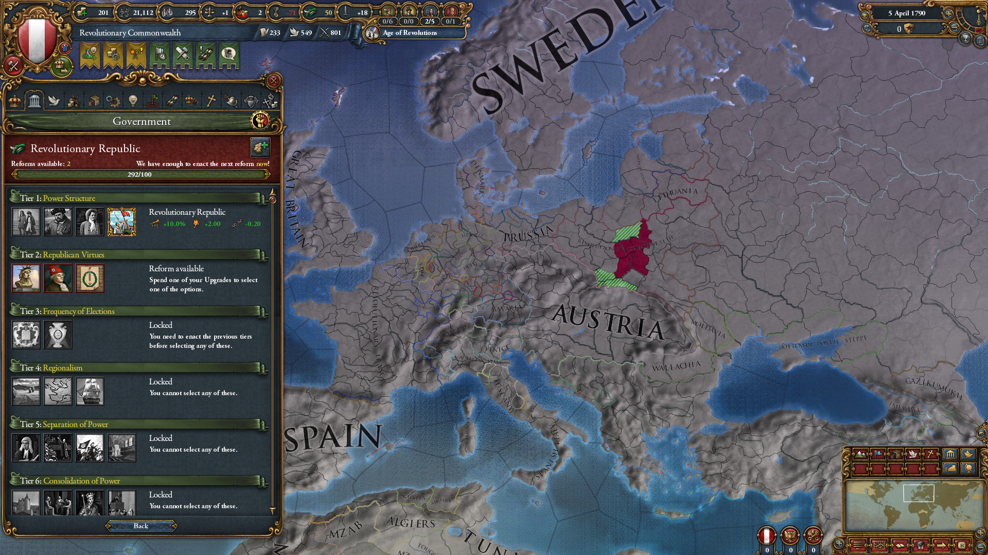 EU4 government interface showing government reforms and your current government type