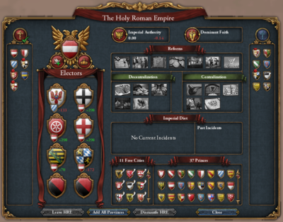 EU4 Holy Roman Empire interface panel showing the Imperial Authority and the list of reforms