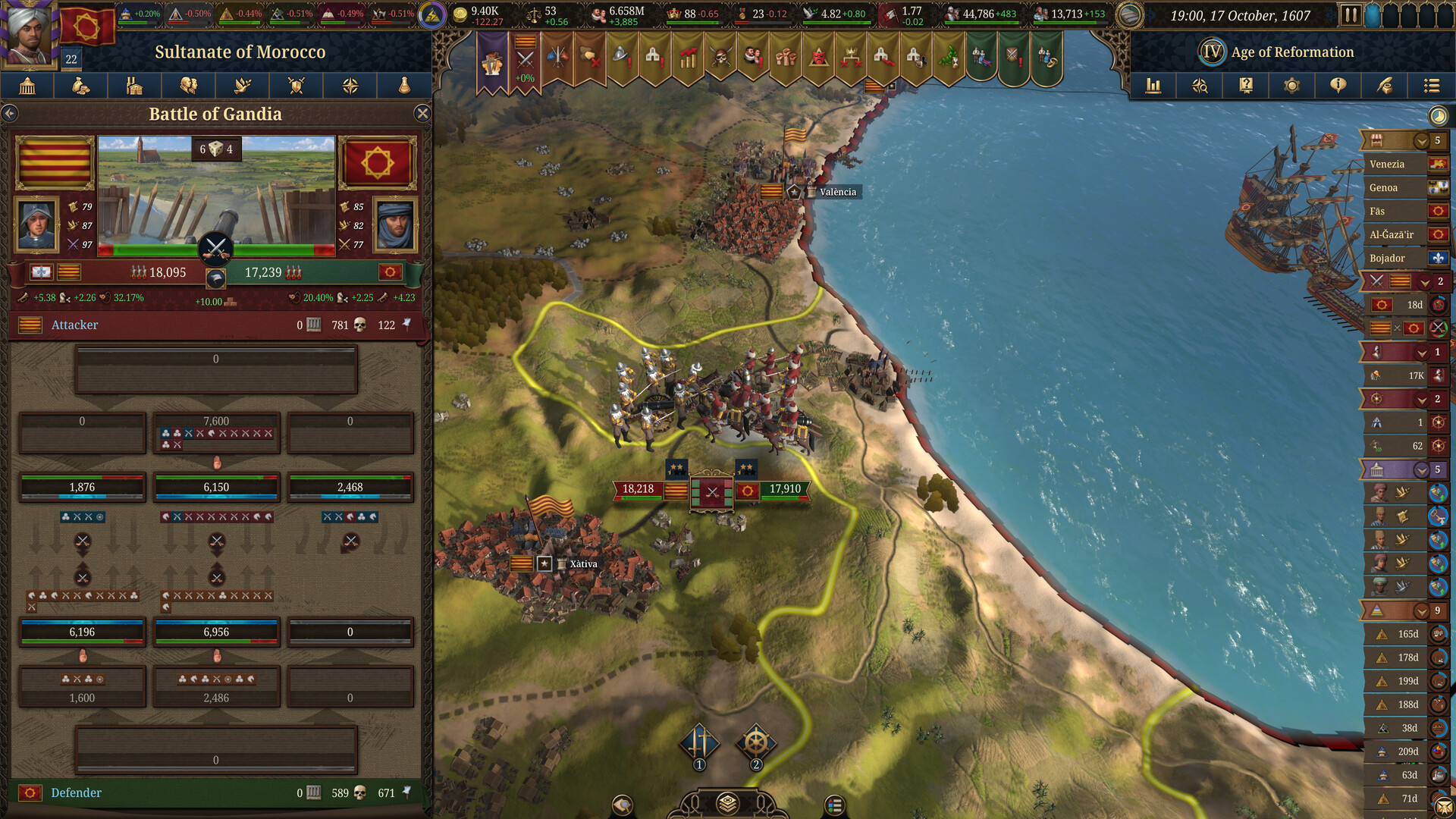 EU5 battle view: two armies locked in the Battle of Gandia in 1607, with the engaged units and the battle panel open