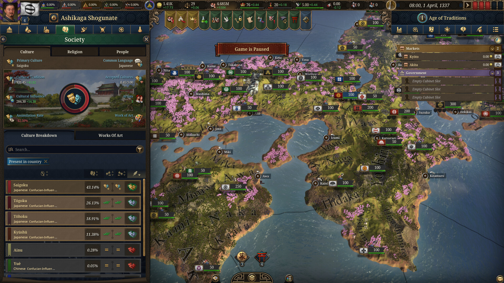 EU5 nation panel with the Society, Culture, Religion, and People tabs open for the Ashikaga Shogunate, the kind of culture and identity screen Political Influence pays into