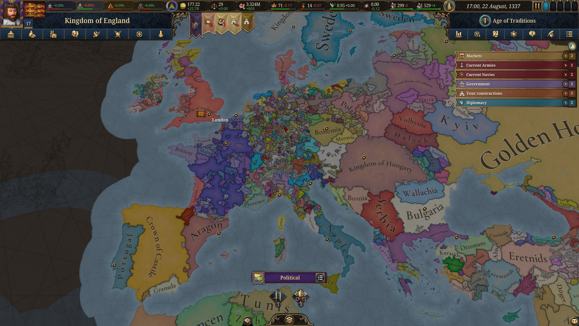 EU5 map view showing the world at the start of the Age of Traditions