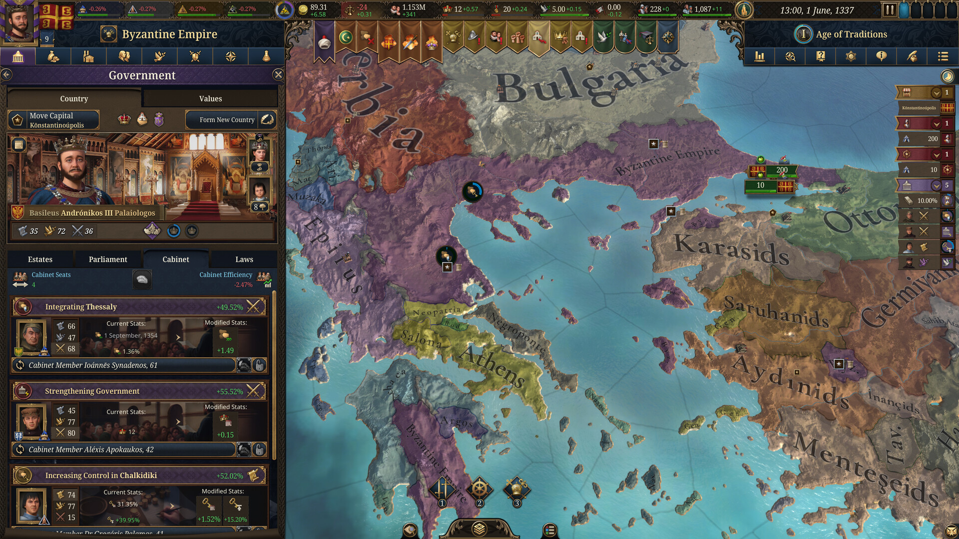 EU5 government screen showing estates, parliament, and cabinet