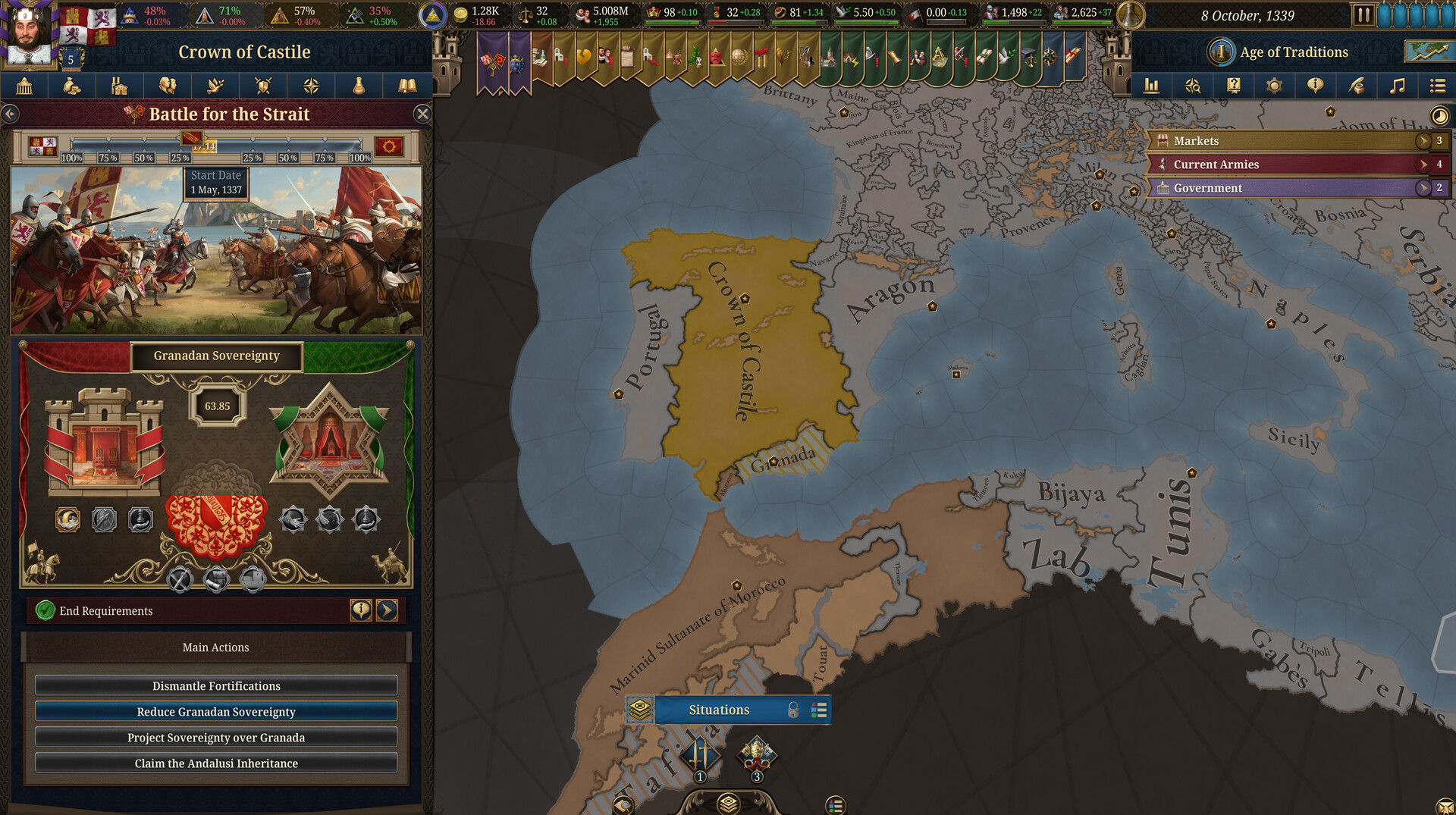 EU5 map showing the Strait of Gibraltar during the Battle for the Strait situation