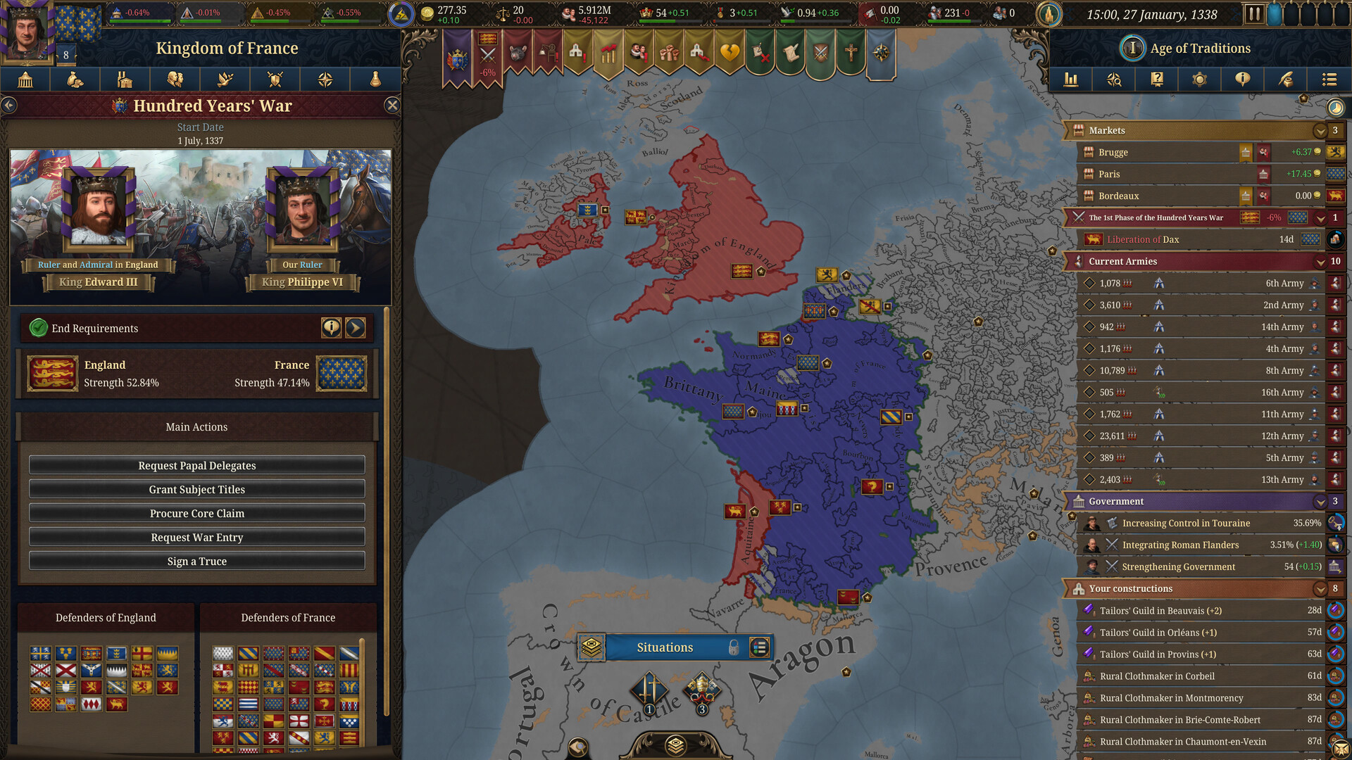 EU5 map showing the Hundred Years’ War situation in progress