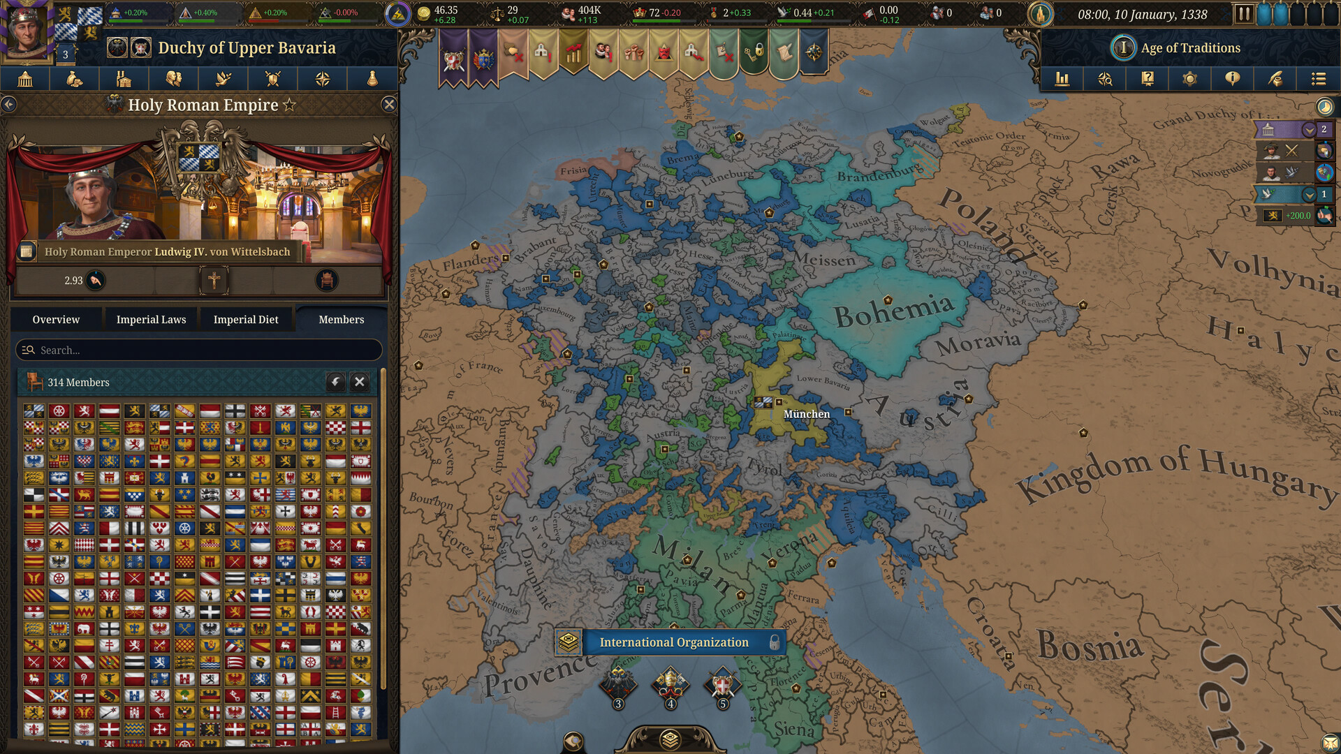 EU5 map of Central Europe in 1338 showing the patchwork of the Holy Roman Empire, the region where beginner-friendly land powers like Hungary sit