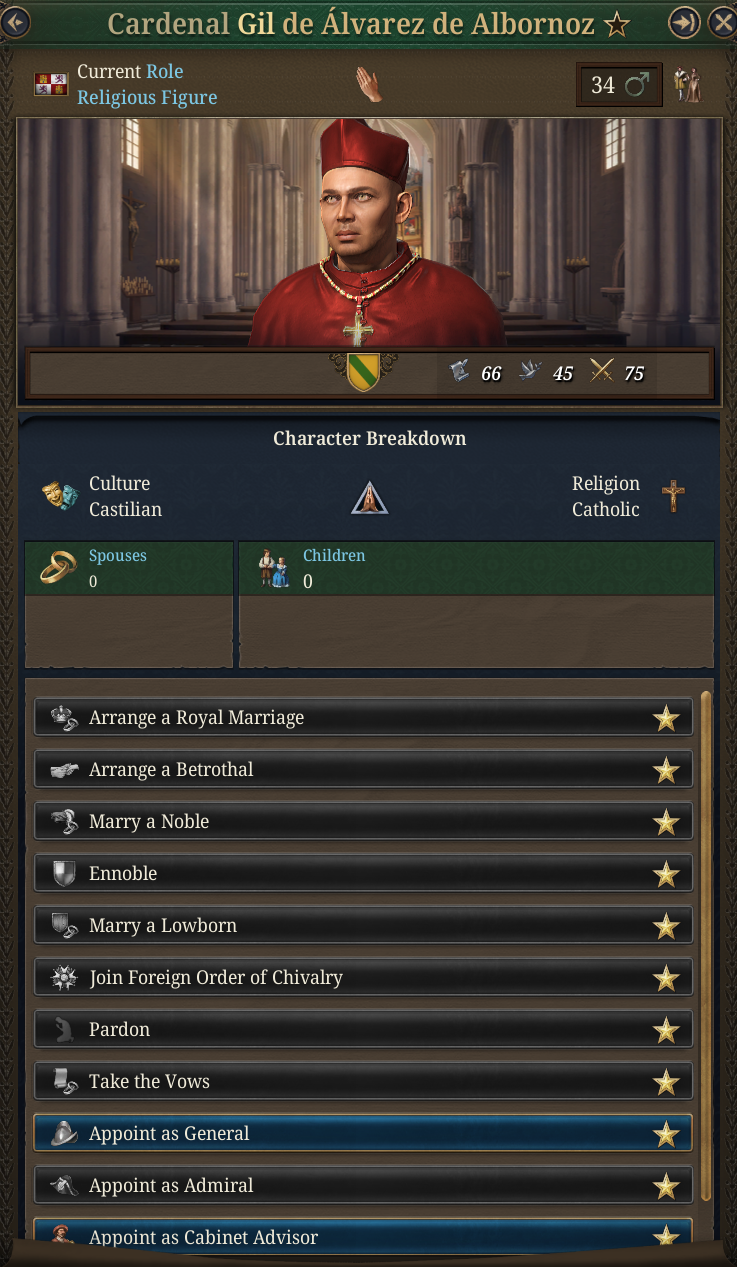 EU5 1.4 cardinal character screen showing the named Cardinal Gil Álvarez de Albornoz