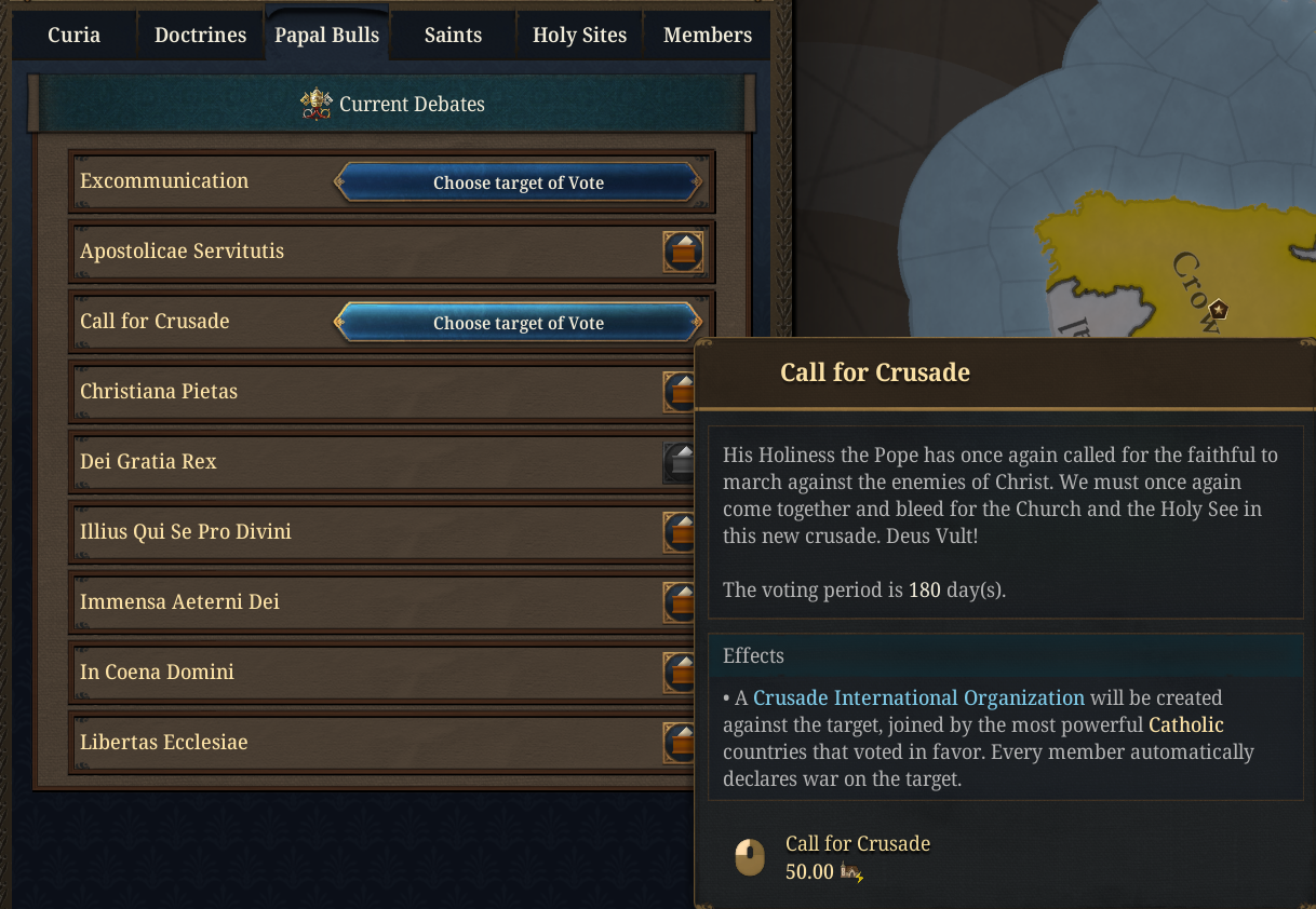 EU5 1.4 holy war declaration screen, showing Crusades called by a Curia vote and Jihads by a religious action